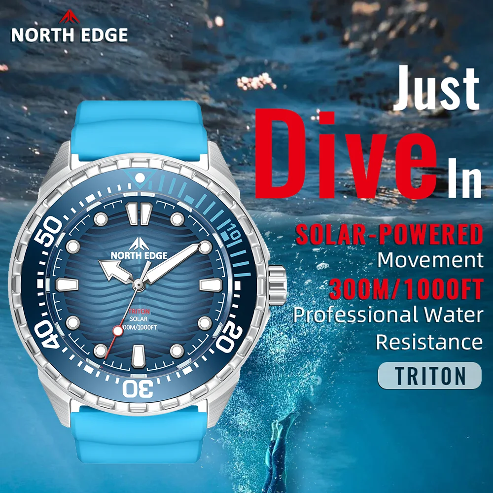 NORTH EDGE الرياضة الغوص تريتون تعمل بالطاقة الشمسية الغوص ساعة الرجال الفاخرة ساعات كوارتز للرجال 316L الفولاذ المقاوم للصدأ مقاوم للماء 300 متر #1