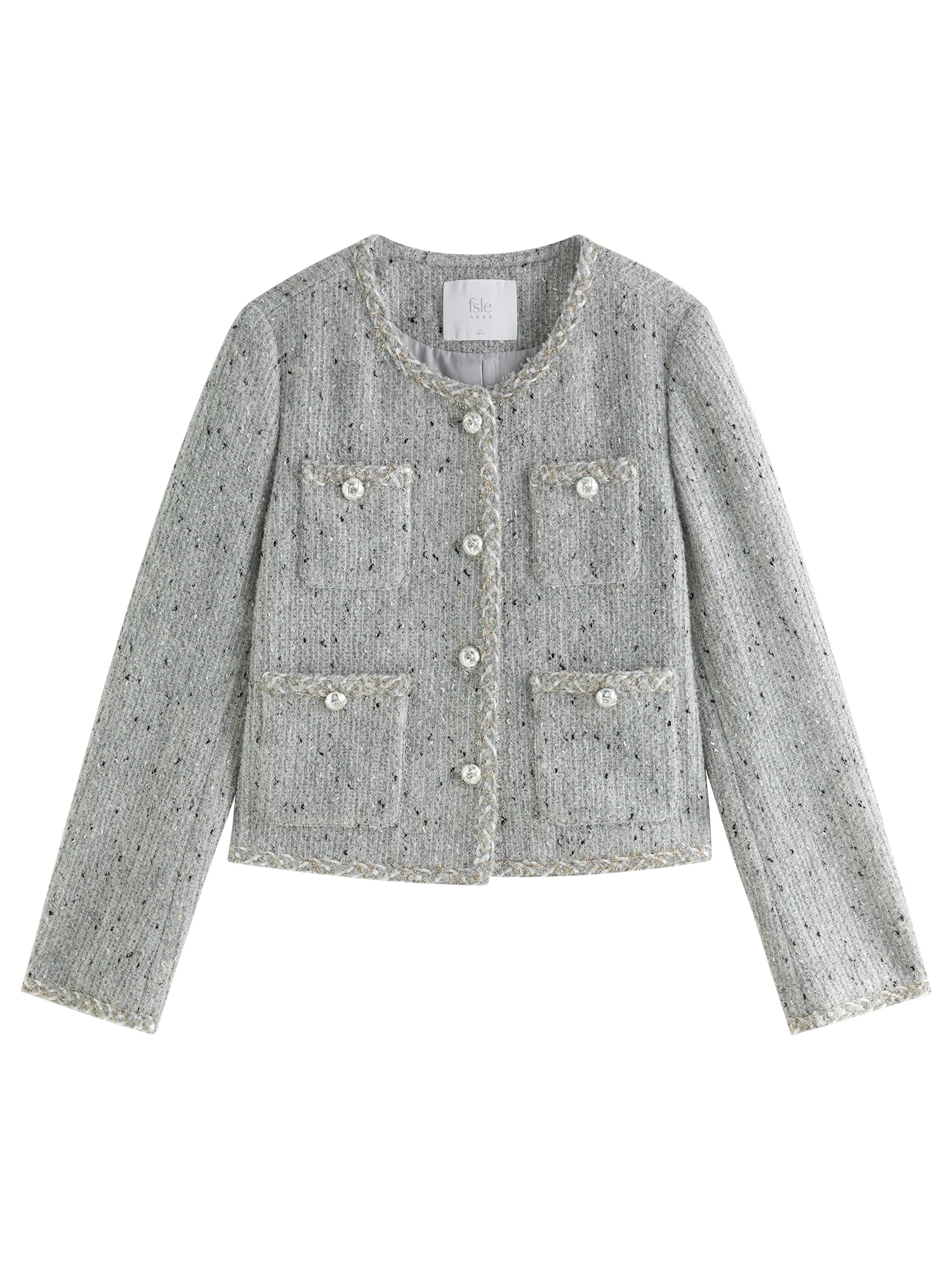 FSLE 33.3% Wool Women Grey Tweed Jacket Round Neck Temperament Short Coats Winter Thicken Wool Tweed Coats 24FS14422