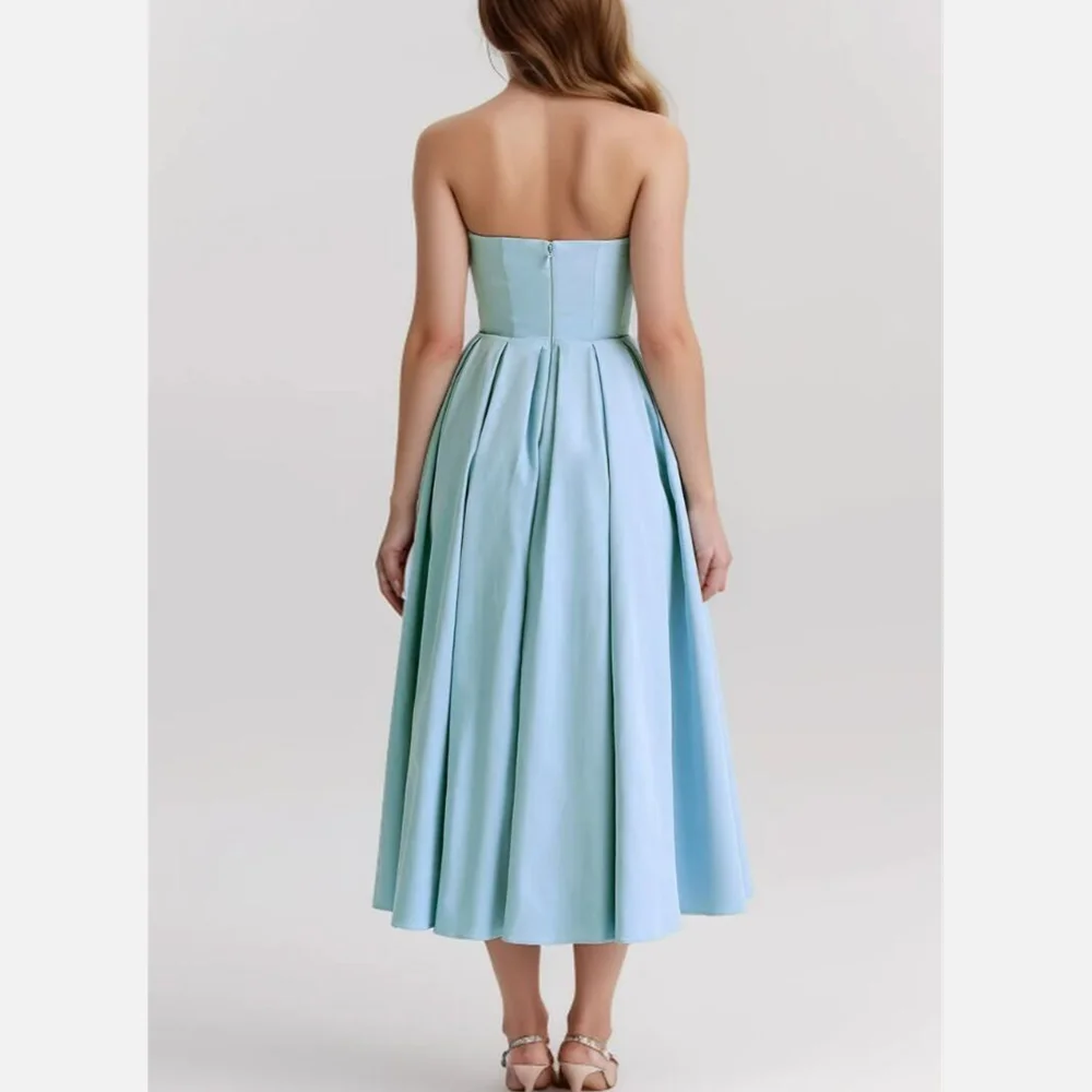 2024 Sexy Light Blue Slash Collar Backless Midi Long Strapless Dress Women High Waist Pleated Ruched Hem Swing Robe Party White