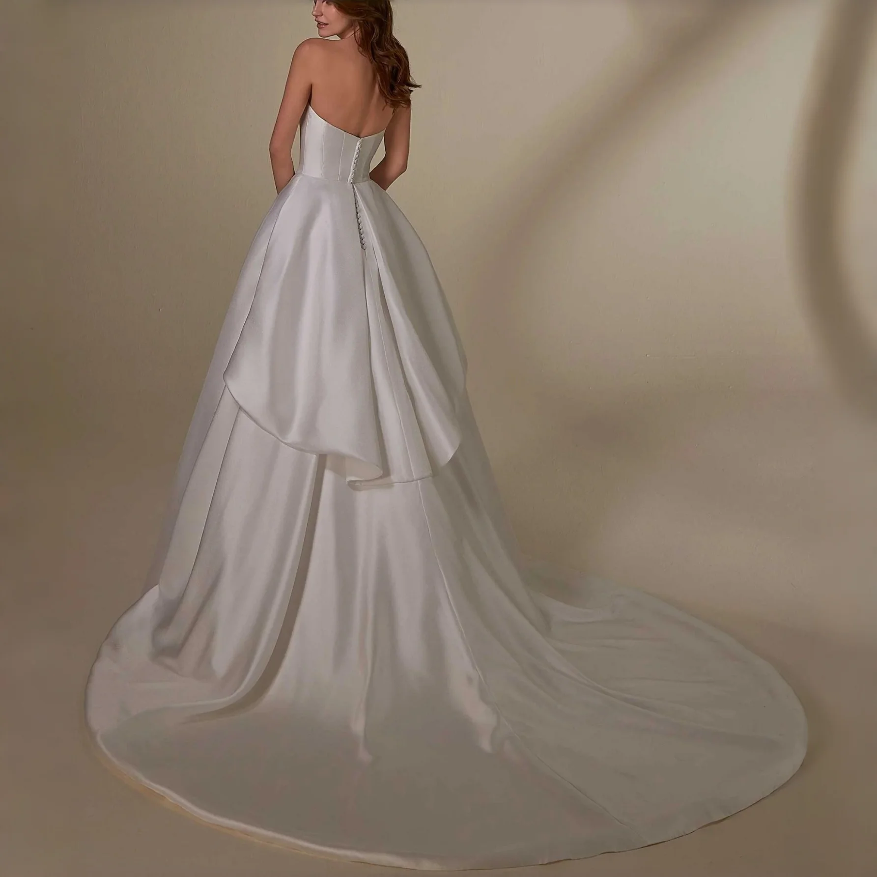 Sweetheart Strapless Satin A Line Wedding Dress Draped Back Button Chapel Train Bridal Gown Church Garden Ceremony Cheap Customi