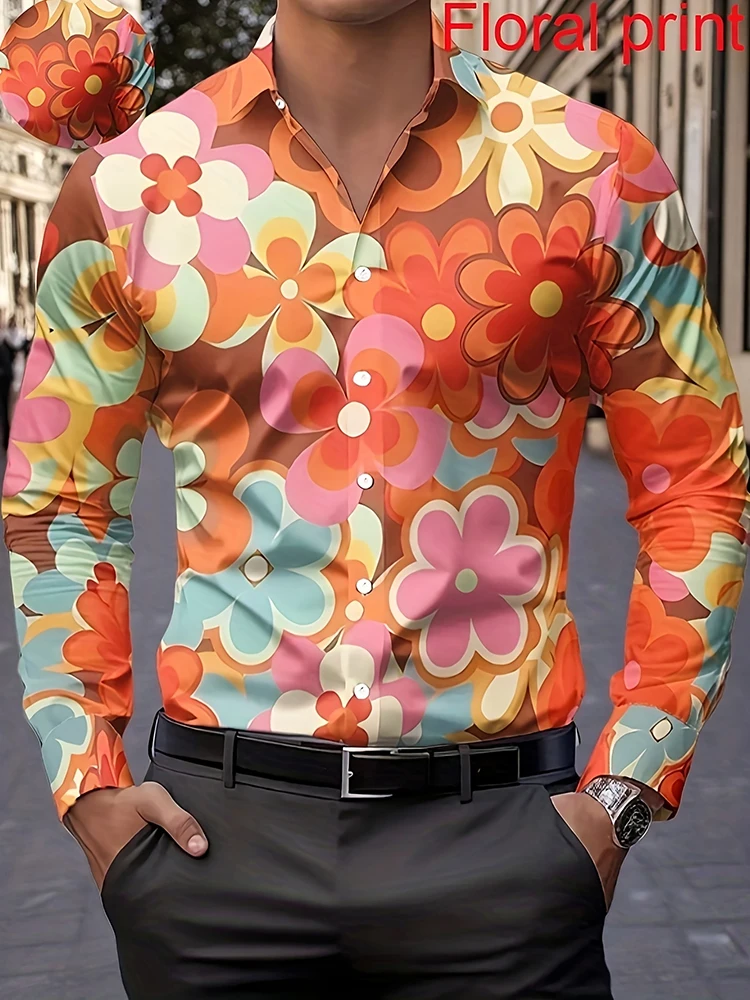 Spring And Autumn Casual Men's Long-sleeved Shirt 3D Flower-print Men's Fashionable Shirt Urban Street Men's Fashionable Top