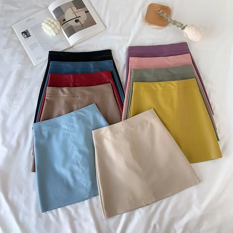 

New Korean High Waist Mini Skirt Female Chic Sexy Club A-line Pu Skirts Women Solid Zipper Wrap Hip Leather Skirt Autumn Winter