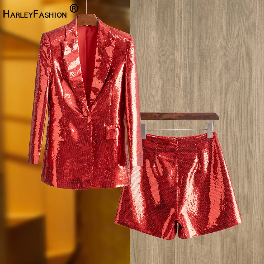 New Year Bright Red Sequined Bling Shining Women Blazer Shorts Suits Eye-catching Chic 2PCS Sets High Quality