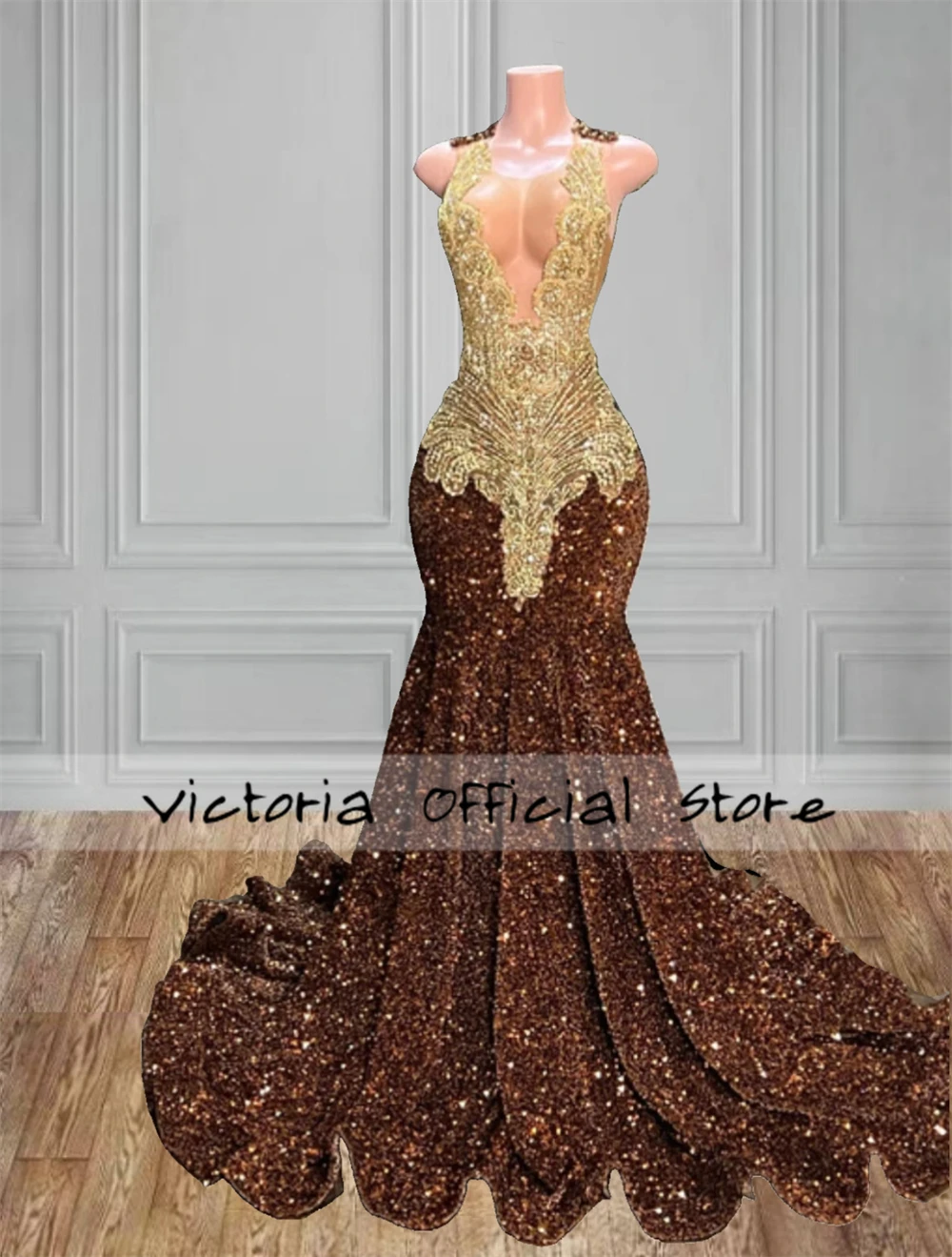 Chocolate Brown Velvet Sequin Golden Crystal Luxury Prom Dress 2024 For Blackgirls African Mermiad Birthday Party Dress robe