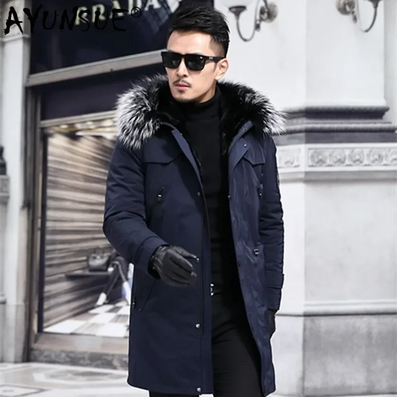 AYUNSUE 2020 Parka Real Fur Coat Men Long Winter Jacket Mink Fur Liner Raccoon Fur Luxury Coat Men Mink Jackets Parkas 8806