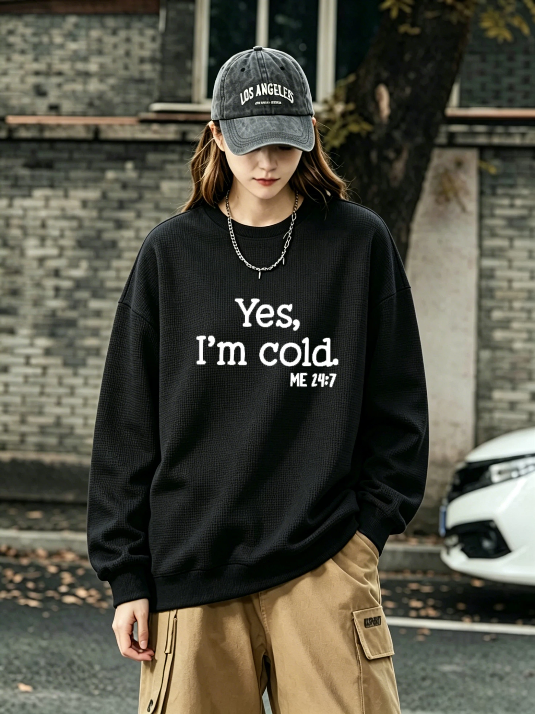 

Women's Black Waffle-Knit Sweatshirt with "Yes, I'm cold." Print, Casual Oversized Top for Spring & Fall