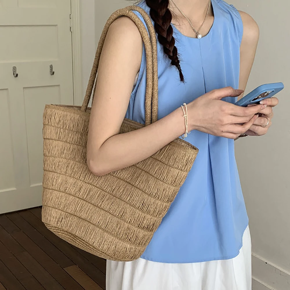 Women's Woven Tote Bags Large Capacity Beach Aesthetic Summer Vacation Daily Shopping Handbags 2026 Shoulder Bag