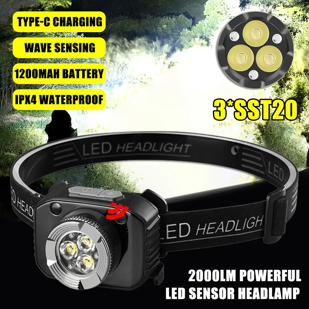 Powerful Strong Light Induction LED Headlamp 2000lm 3LED Flashlight USB Rechargeable 1200mah Battery Headlight Fishing Lantern