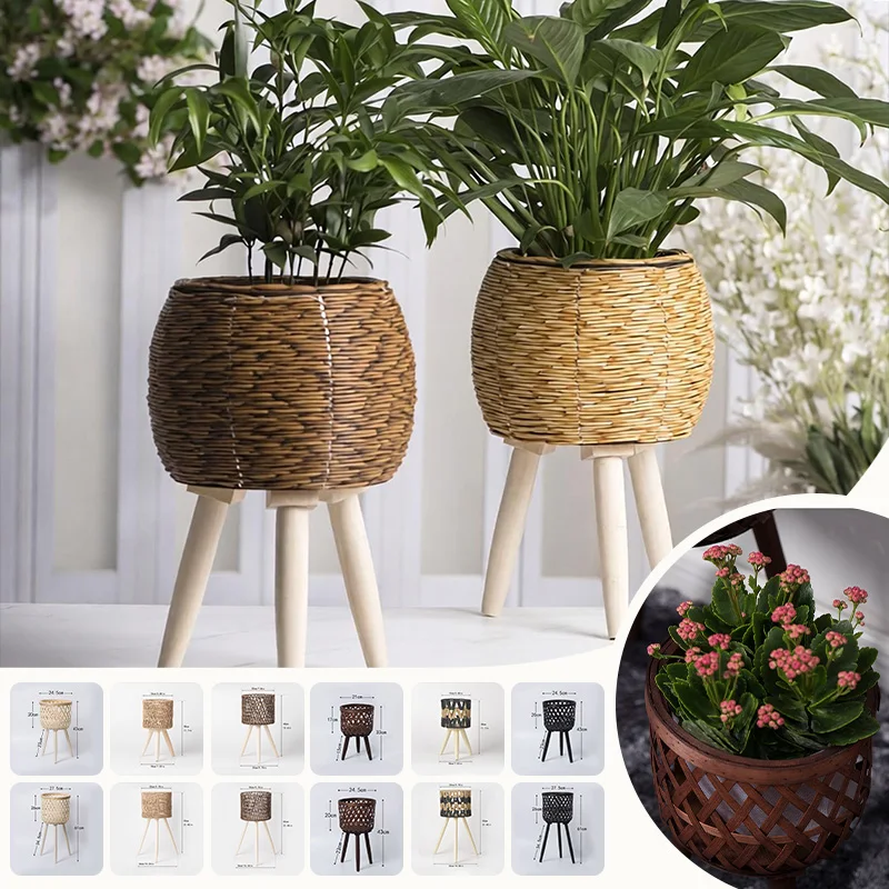 Hand Woven S/M/L Flower Pot Tripod Stand Rattan Pot Wood Pastoral Flower Baskets for Balcony Planters Home Indoor Decoration