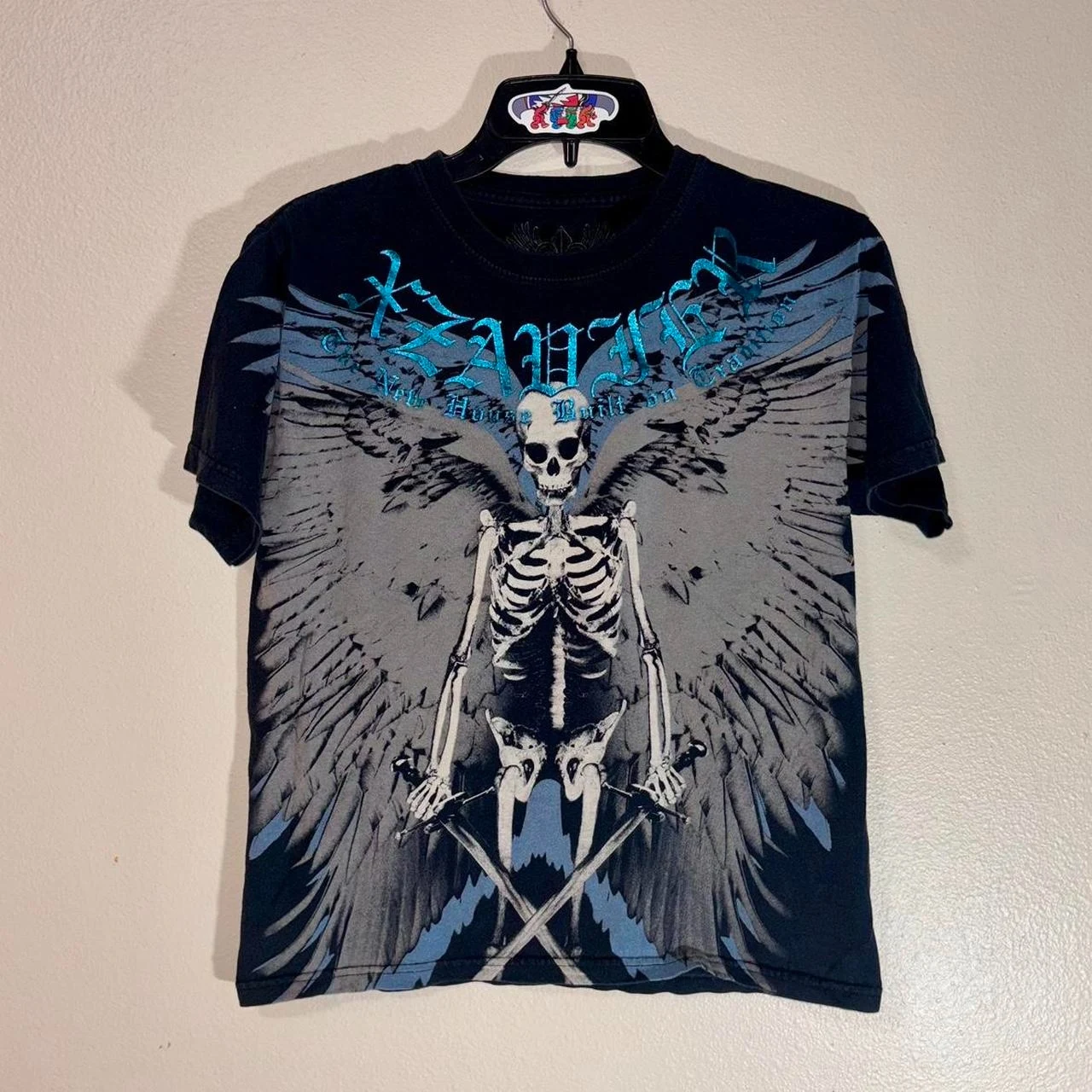 

Vintage Xzavier Skull Angel Print T-Shirt Men's Gothic Punk Retro Streetwear Distressed Washed Tee Top