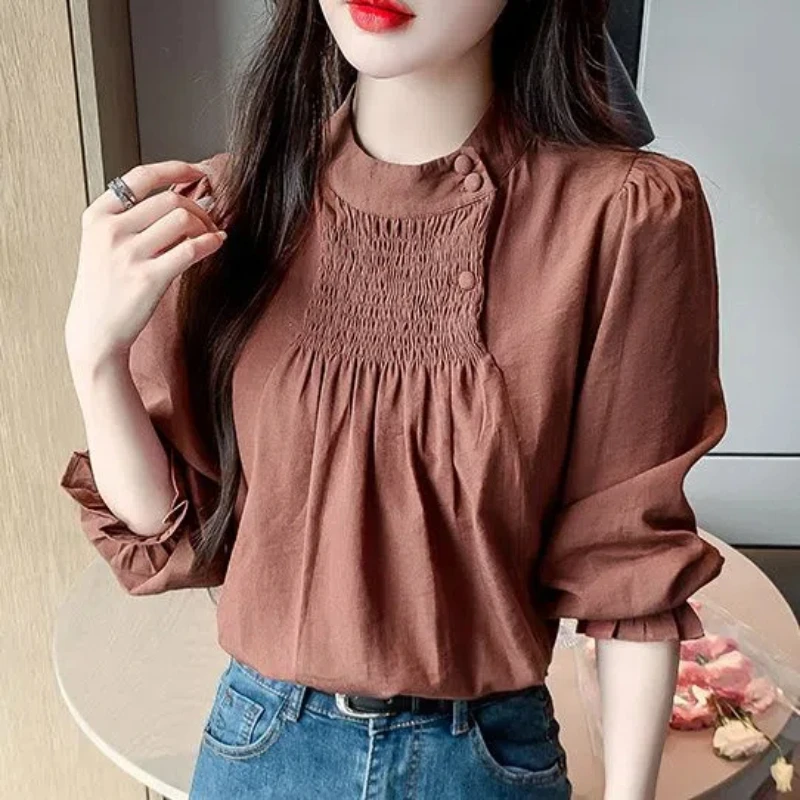 Standing Collar Pleated Long Sleeved Blouse Women Autumn Clothing Button Pullovers 2024 Autumn New Item Elegant All-match Tops