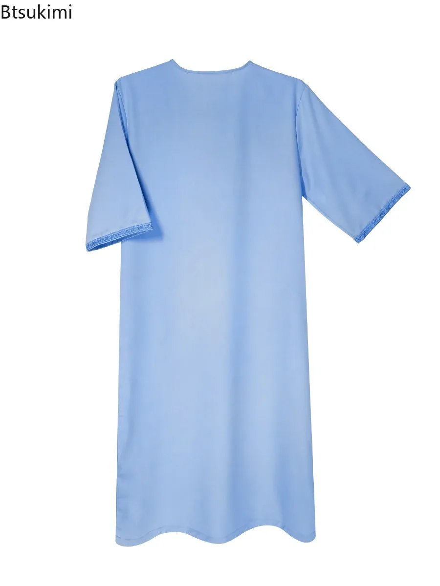 Roupão Masculino Marroquino Bordado com Decote em V, Moda Muçulmana, Abayas com Bolsos Laterais, Vestuário Islâmico Árabe, Vestido para Eid e Ramadan