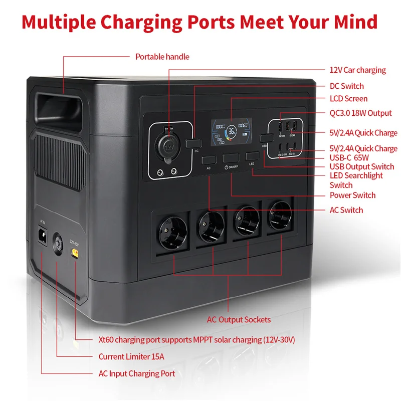2000W Portable Solar Generator 2016Wh LiFePO4 Battery DC AC 12V Fast Charging Outdoor Energy Storage Power Supply For Camping
