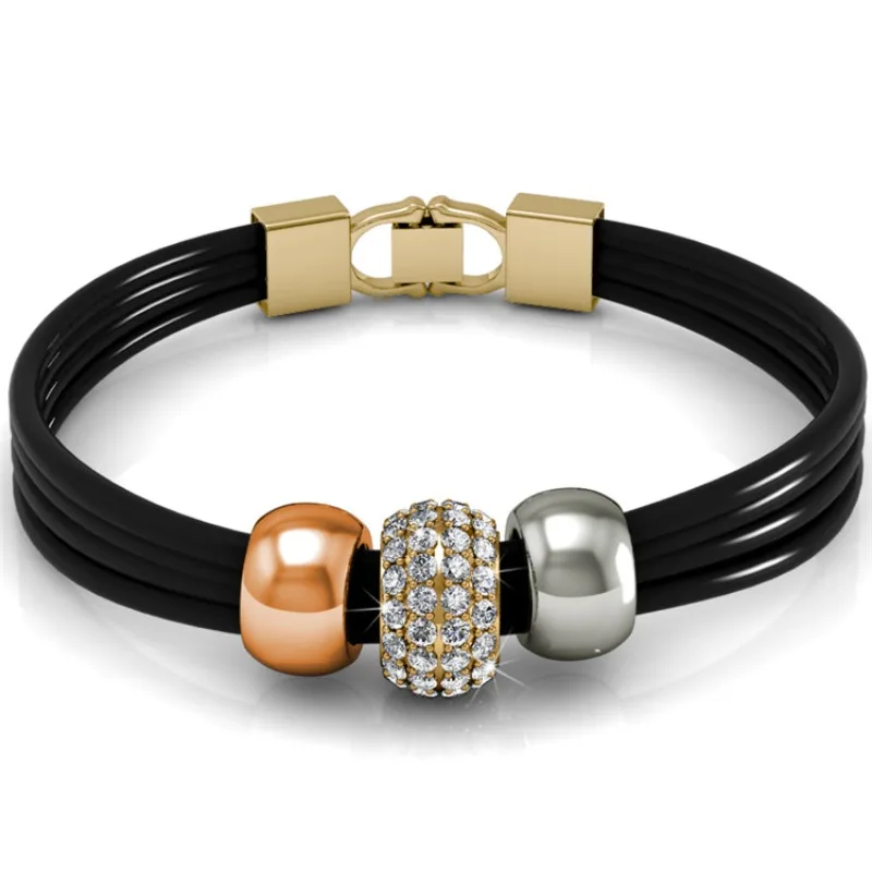 

Daisini Многослойный черный резиновый ремешок-браслет с кристаллами и бусинами от Swarovski для женщин и мужчин, эффектные модные латунные украшения