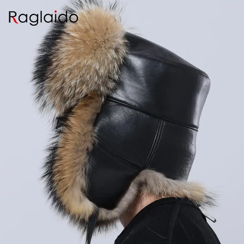 

Luxury Men Hat Winter Warm Thick Bomber Fluffy Natural Raccoon Fur Trapper Hats