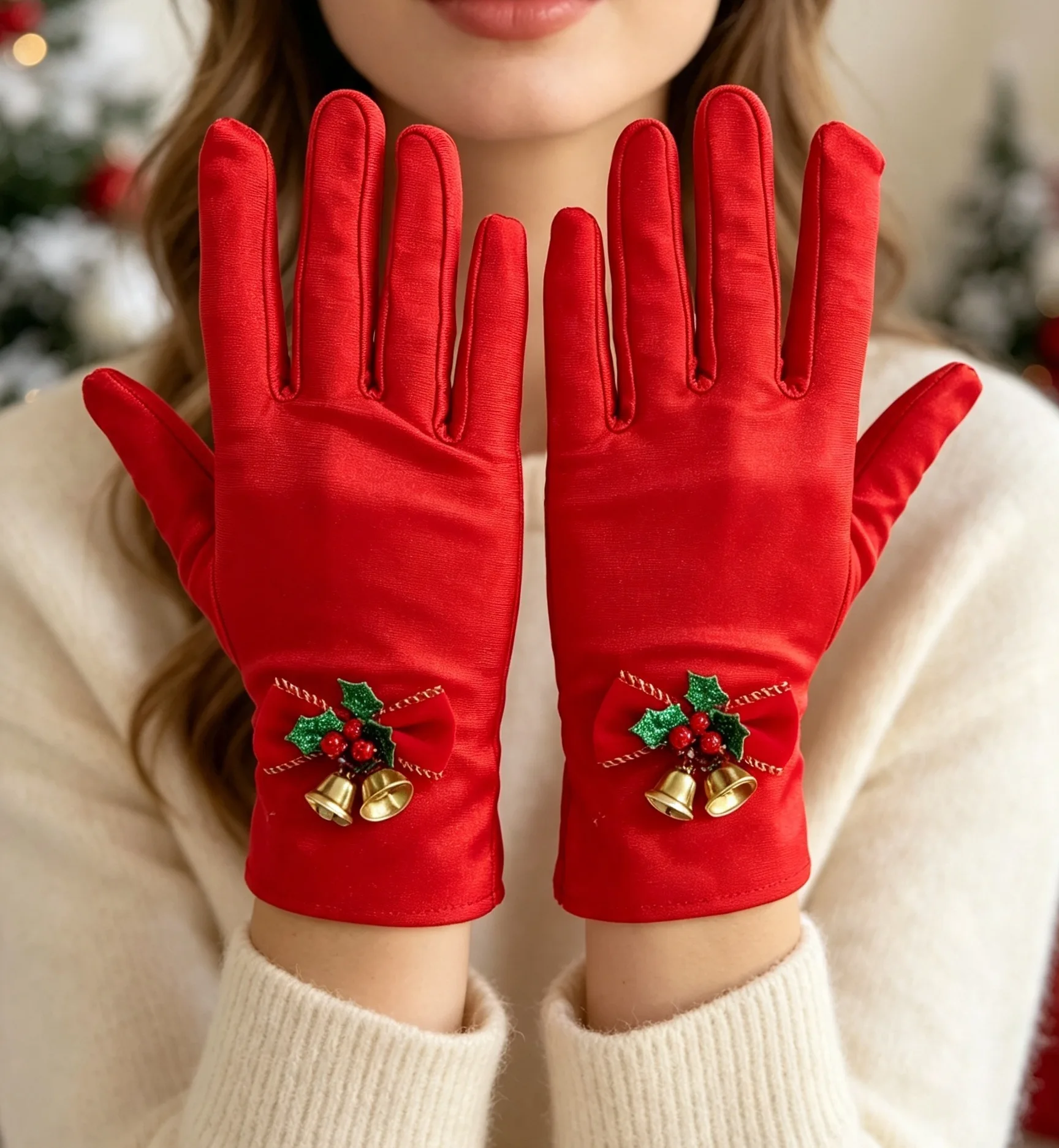 Gloves Christmas Red Full Finger Gold Bell Bow Party Stage Performance Holiday Photo Costume Polyester Adult Size Lightweight