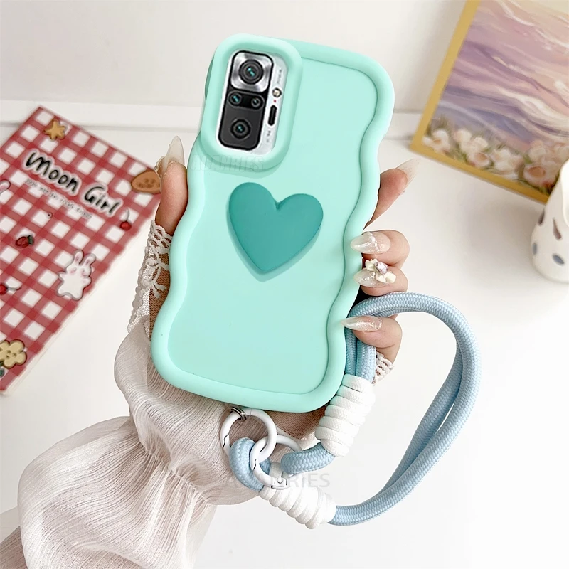 Note10s-funda de silicona ondulada con corazón de amor para Xiaomi Redmi Note 10, 11, 9, 8, 12 Pro, 4g, 5g, 10s, 11s, 9s, 10c, funda con correa para muñeca