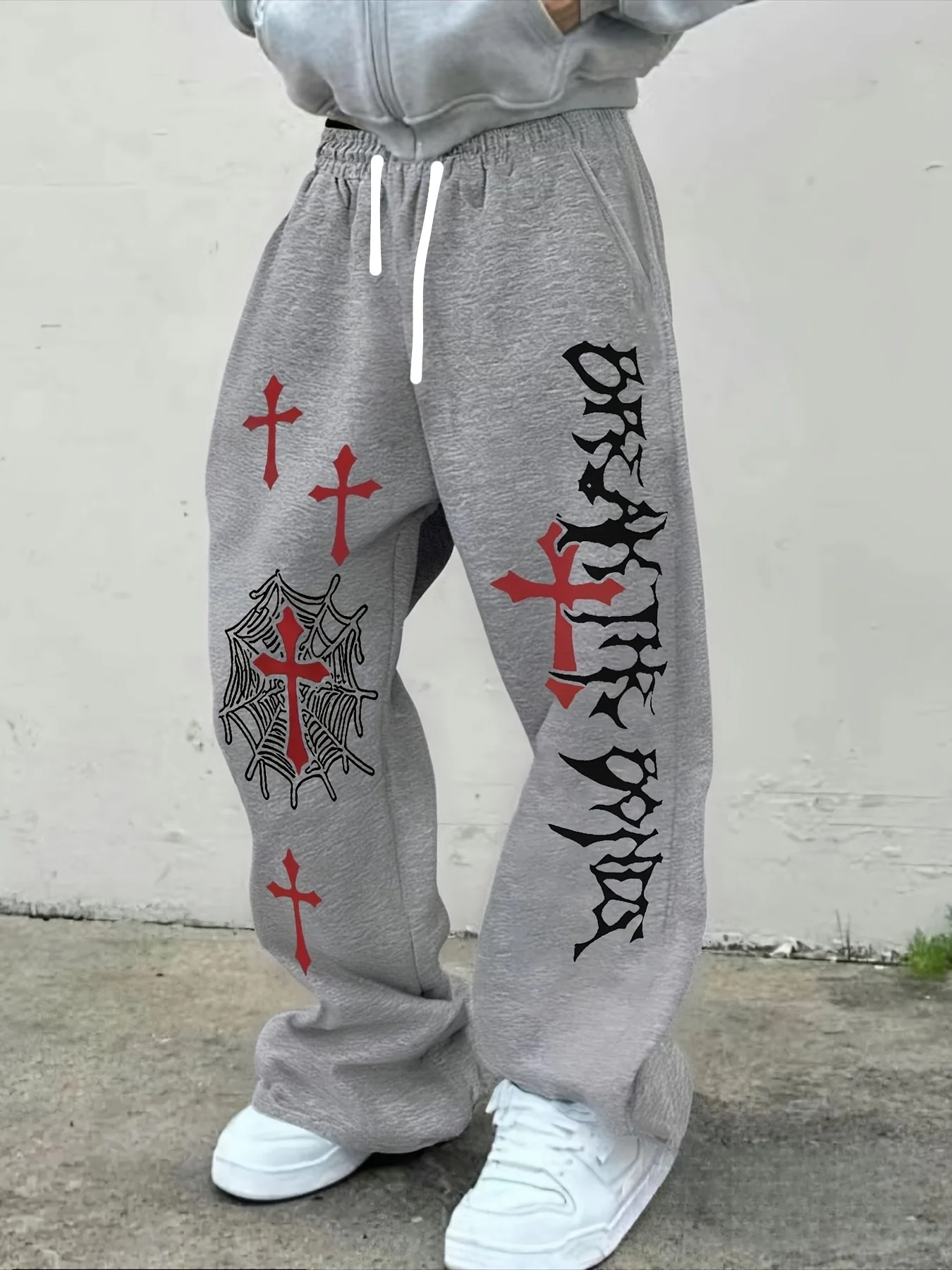 Men Gothic Vertical Graphic Wide Leg Sweatpants Drawstring Loose Straight Baggy Y2K Dark Punk Streetwear Pants.