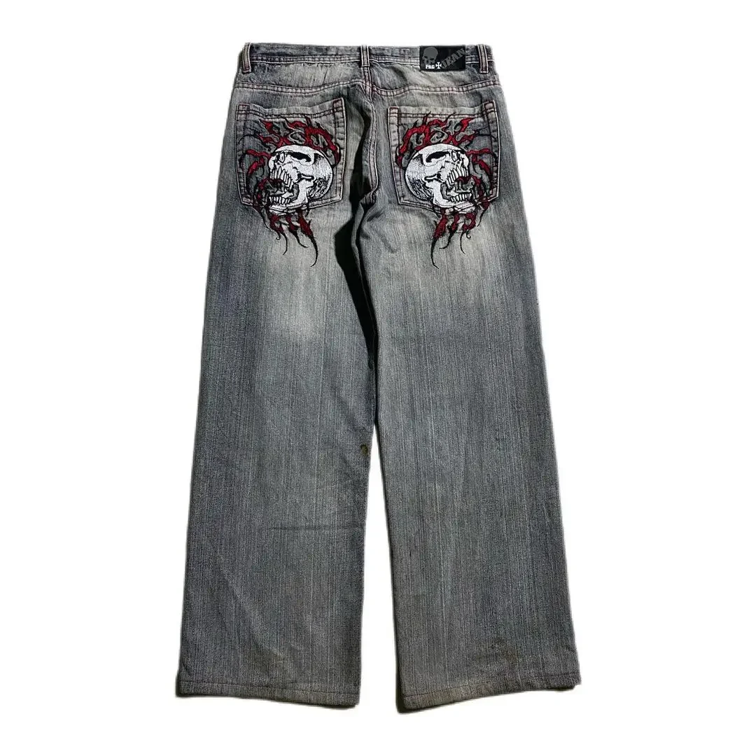 Streetwear New Skull Embroidered Baggy Jeans Y2K Gothic Trend Mens Casual Street Hip Hop High Waist Wide Leg Straight Leg Pants