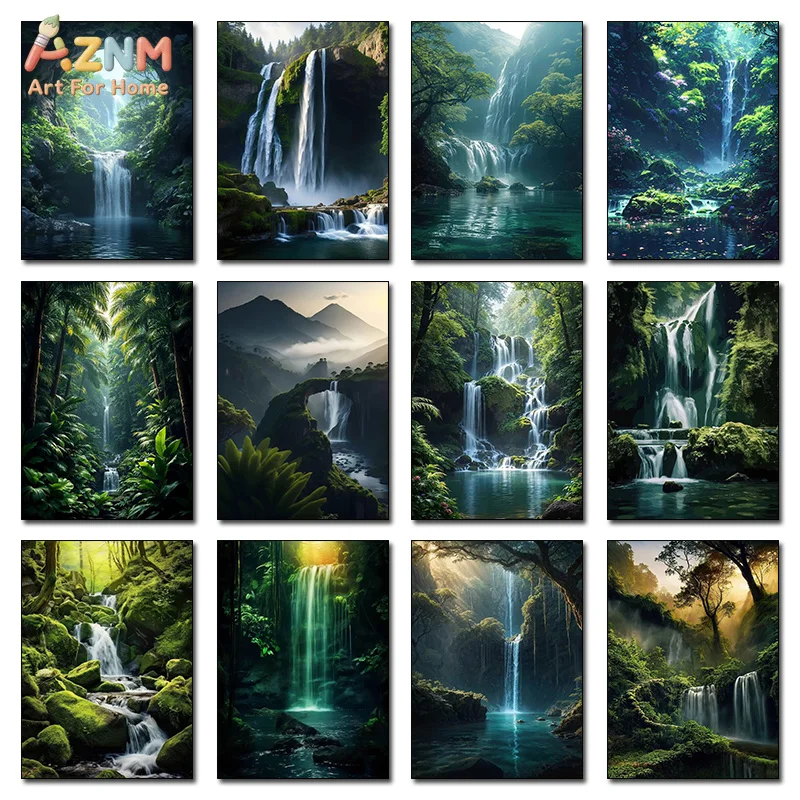 AZNM Lush Tropical Rainforest Canvas Wall Art Green Moss Waterfall Mountain Stream Nature Landscape Print Unframed Canvas Painti