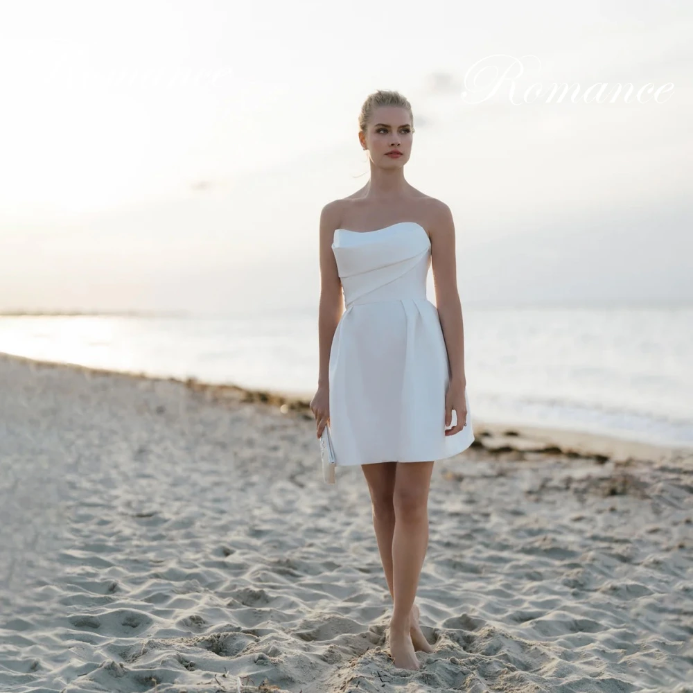 Vestido De Novia clásico plisado corto con cuello barco, corte en A, sin mangas, espalda abierta, satén, personalizado