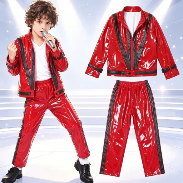 Disfraz de Michael Jackson Thriller 2026, Chaqueta y Pantalones de Cuero Rojo y Negro para Niños, Traje de Cosplay para Halloween y Escenario