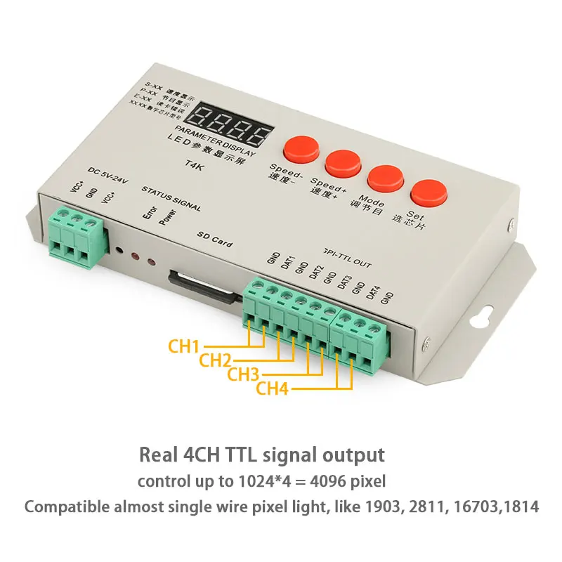 Controller di luce pixel LED programmabile con scheda SD con uscita TTL reale 4CH T4K, supporta IC a filo interamente singolo come 1903, 1814, 2812