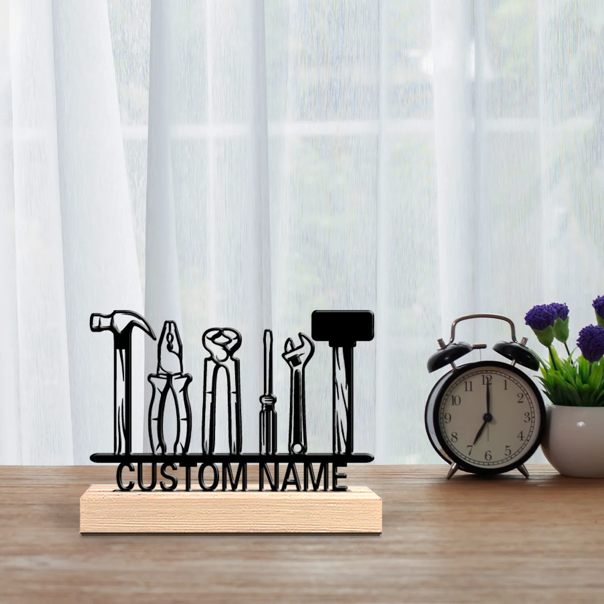 1pc Abstract tool Personalized Text Metal Statue Art Crafts With Wood Base Tin Statue Study Desktop Decoration