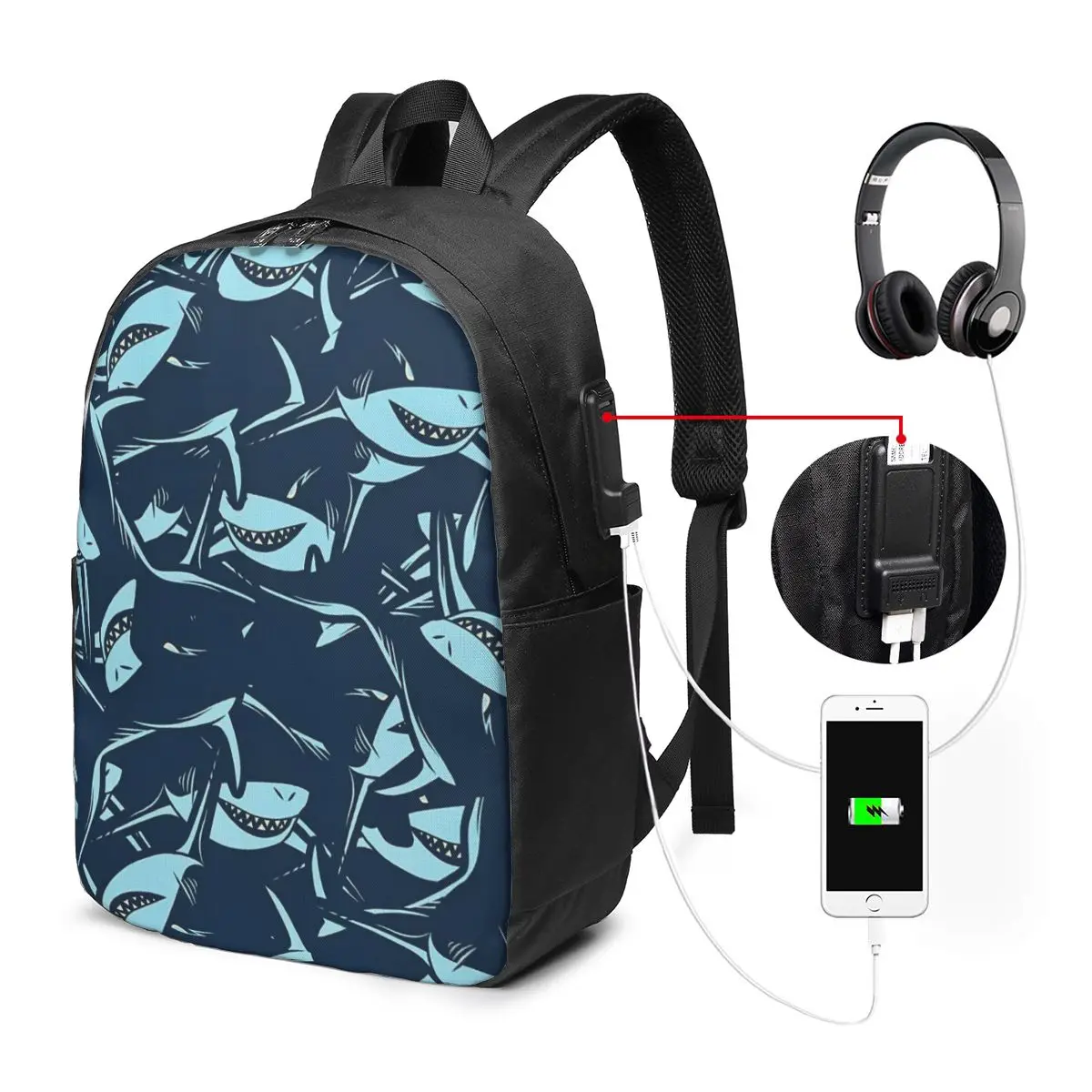 Blue Cartoon Shark Animal Pattern Backpack Travel Notebook Bag Computer College Student School Bag Laptop Shoulder Bags