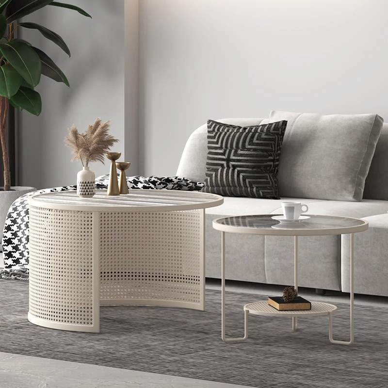 

Cream wind Changhong glass coffee table minimalist round simple tea table size combination smoked edge few wabi sandy wind