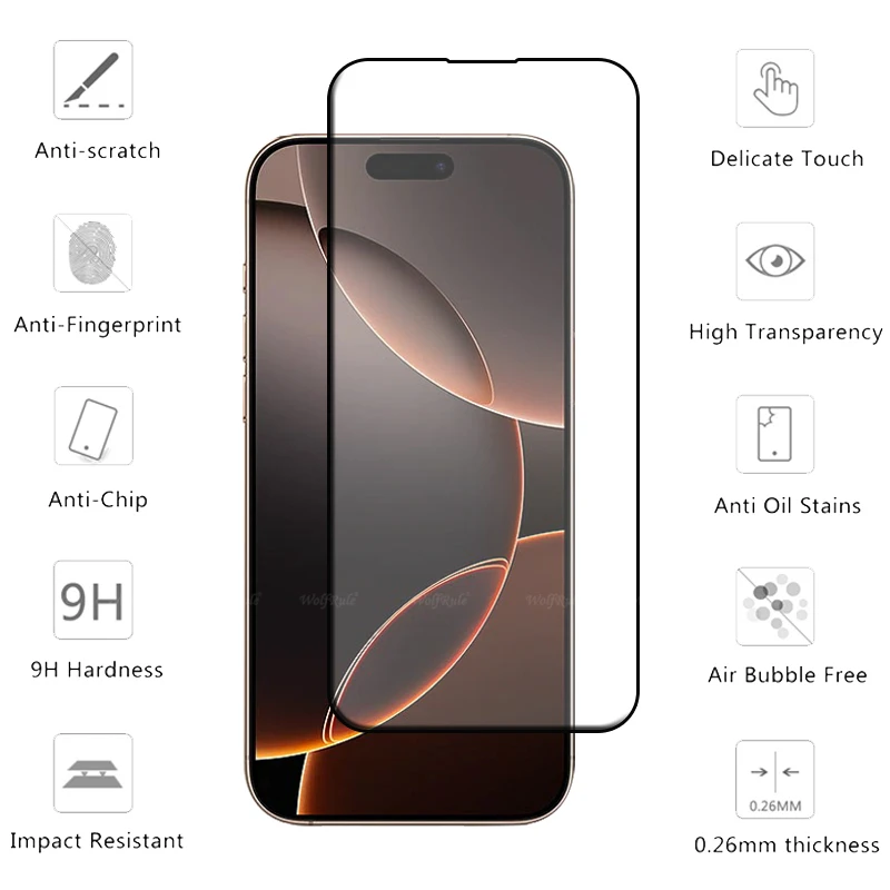 4pcs For iPhone 16 Pro Max Glass iPhone 16 15 14 13 Pro Max Tempered Glass Full Cover Glue 9H Screen Protector iPhone 16 Pro Max