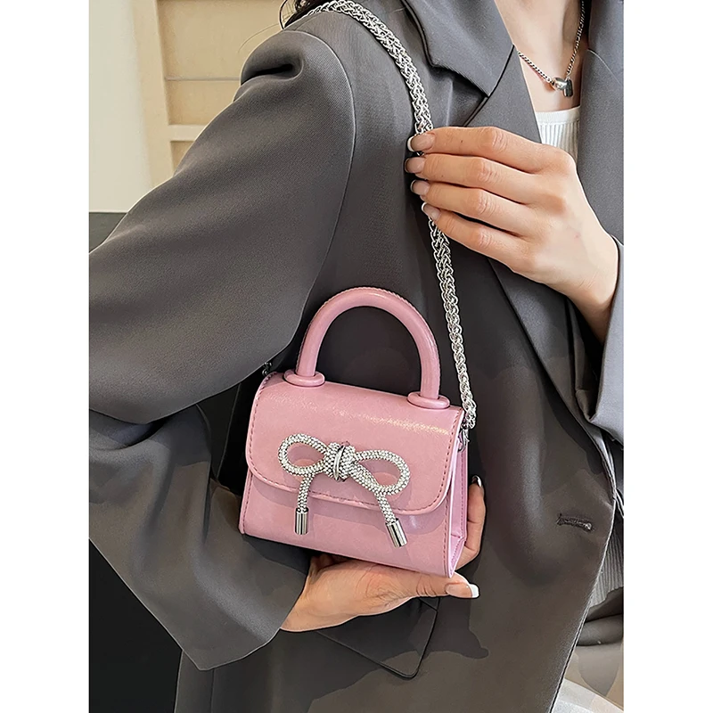 Light Luxury Diamond Bow Design Sense Shoulder Bag Women\'s Summer New Popular Mini Handbag Simple Solid Fashion Crossbody Bag