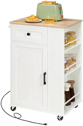 Kitchen Island on Wheels, Kitchen Island Cart with Power Outlet, Kitchen Storage Island with Spice Rack and Drawer