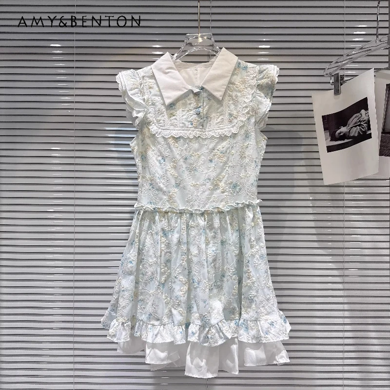 

Sweet Floral Embroidery Pattern Splicing Temperament Women's Shirts Dress 2026 Summer New Elegant Lapel Vests Dresses Ladies