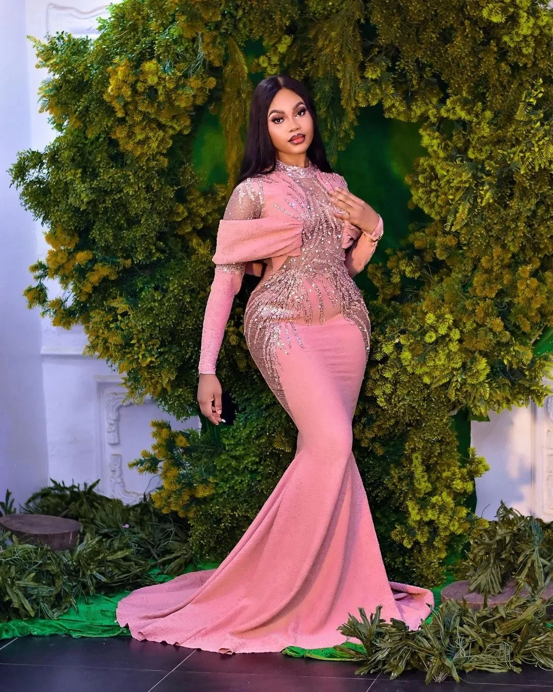 Pink Aso Ebi African Evening Dresses Mermaid Long Sleeves Satin Long Dubai Saudi Arabic Black Girls Evening Gown Prom Customized