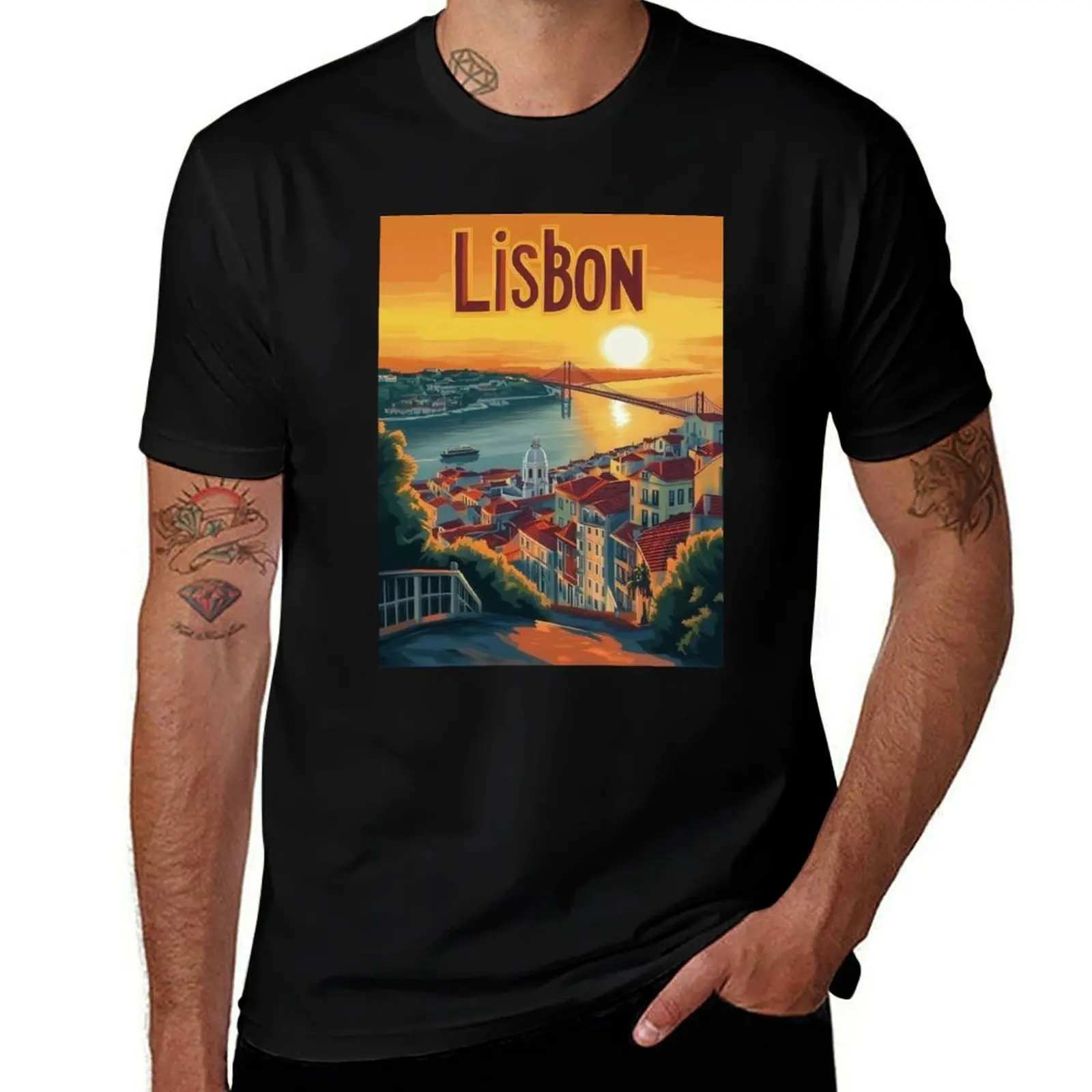 

Discover the enchanting beauty of Lisbon as the sun sets, casting a warm glow over its colorful buildings and famous bri T-Shirt