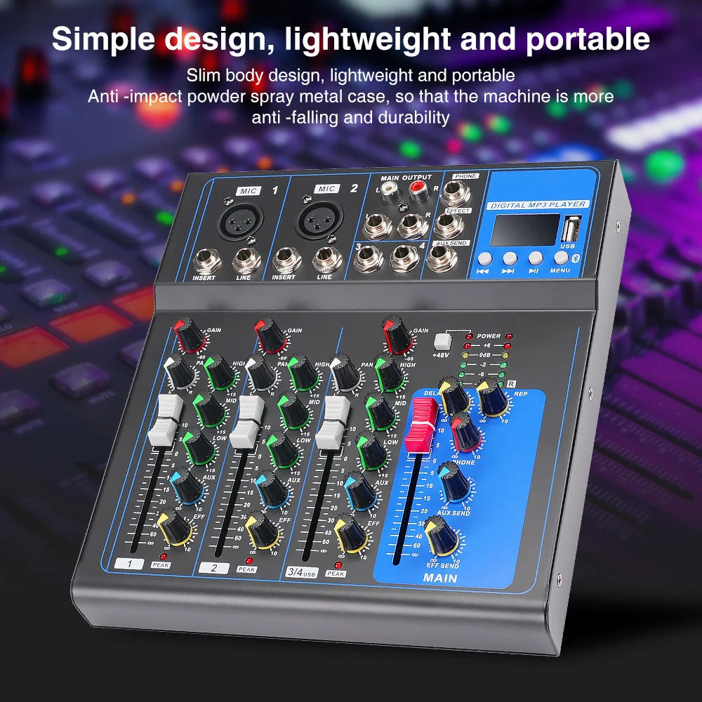 

4 Channel Professional Mixer Sound Mixing Console Audio Mixer Sound Audio Interface Usb Sound Card for Computer Home Karaoke