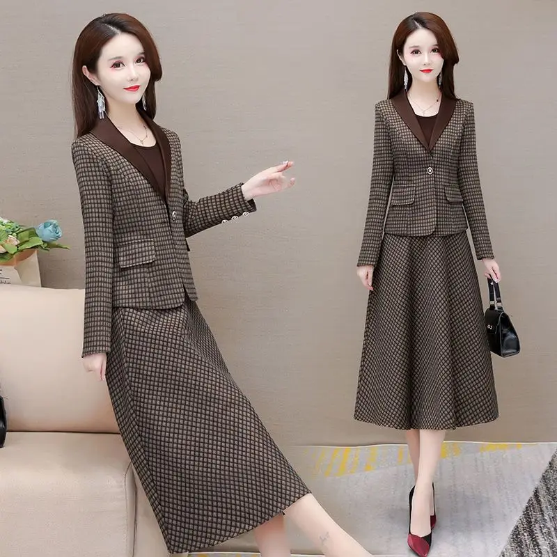 Women\'s Fashion Suit Skirt Two-piece Set 2022 Autumn and Winter New Elegant Long Sleeve Vintage Blazer Coat Mid Skirts Suits