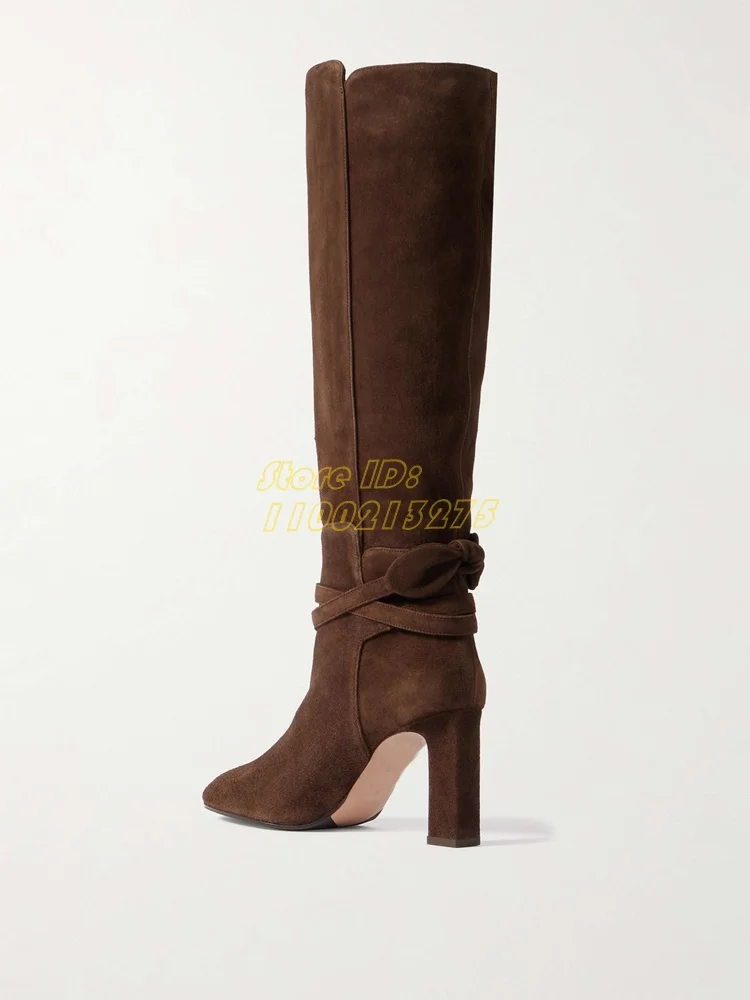 Bow Tie Suede Knee Boots Wrap-around Straps Almond Toes Block Heel Slip On Ankle Straps Fashion 2024 Winter Women Dress Shoes