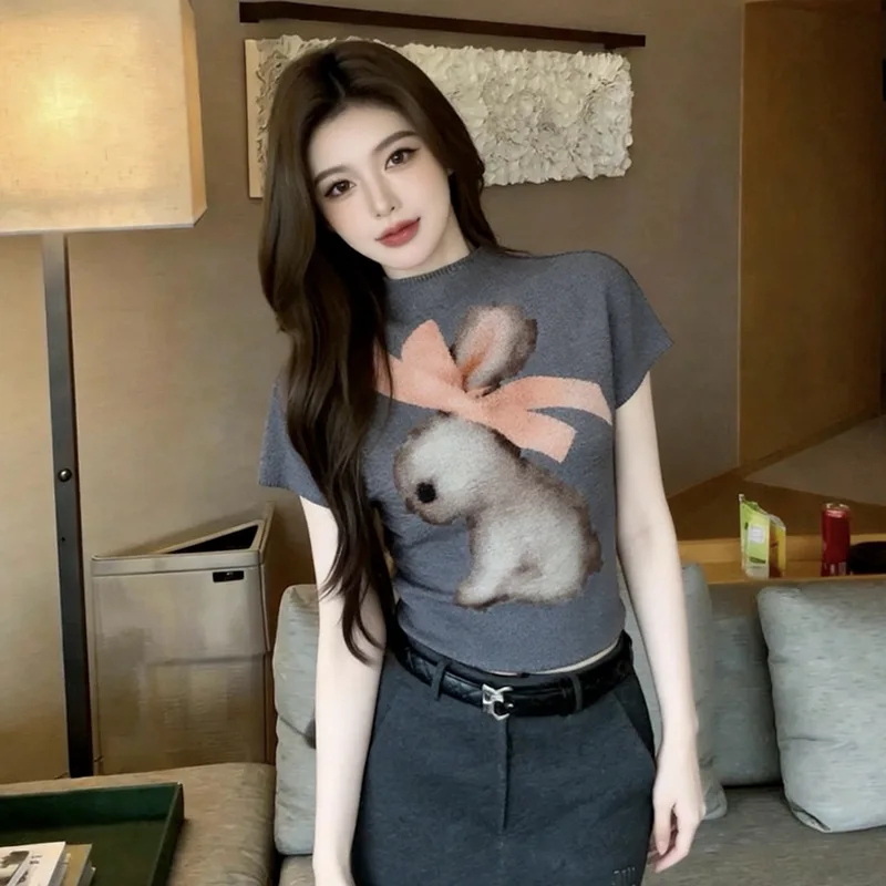 Miyake Pleated Women's Casual Top 2006 New Japanese Design Three-dimensional Plush Rabbit Print Slim Stretch T-shirt for Women