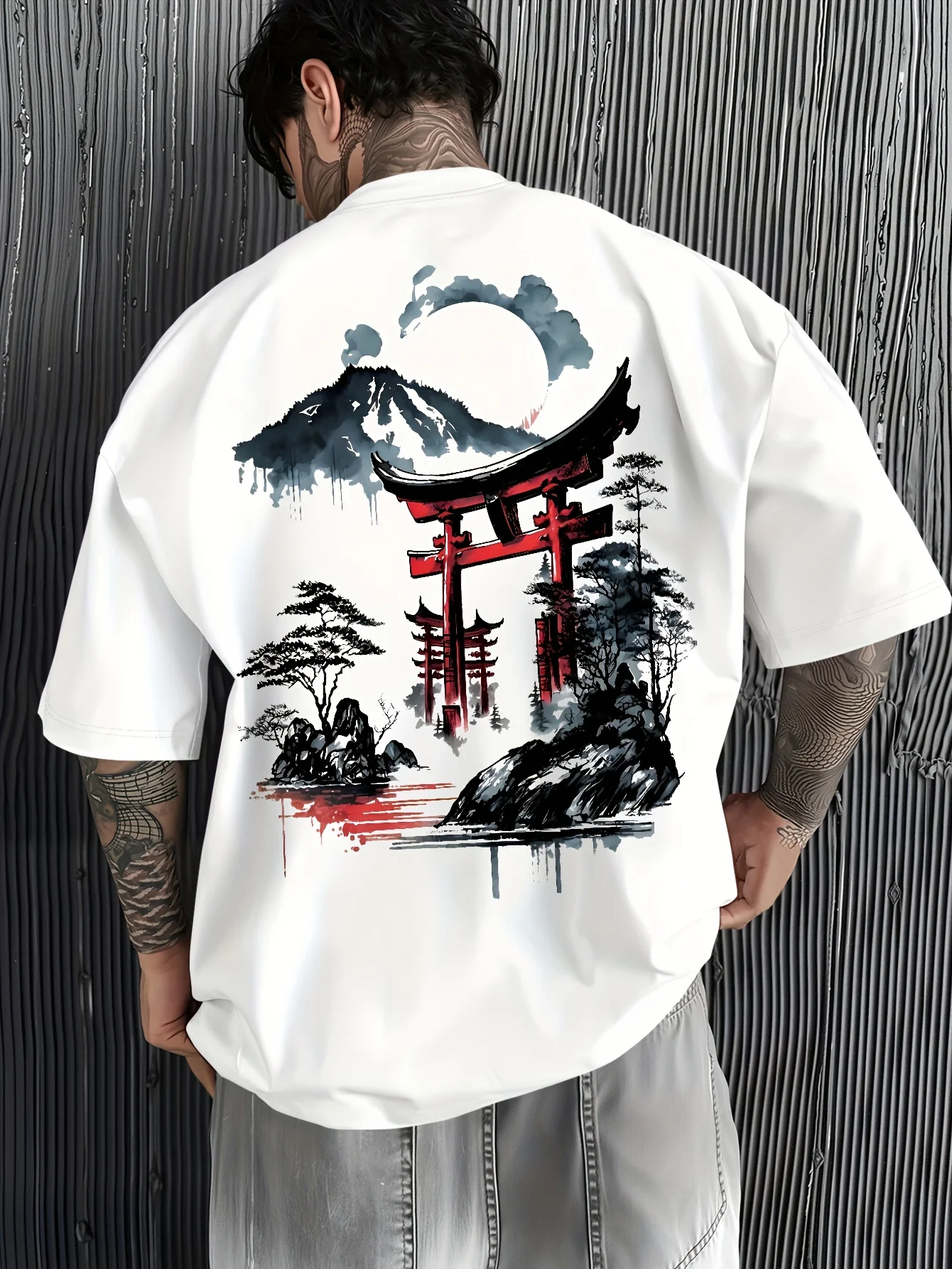 Japanese Ukiyo-e Gate Mount Fuji Print T-Shirt 100% Cotton Men Women Casual Loose-Fitting Sport Casual Summer Adult Short Sleeve