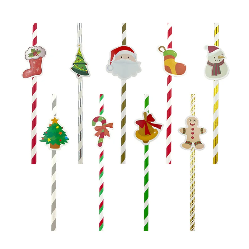 Spot Christmas Party Decoration Atmosphere Beverage Straw Christmas Pattern Degradable Disposable Paper Straw Cartoon Shape