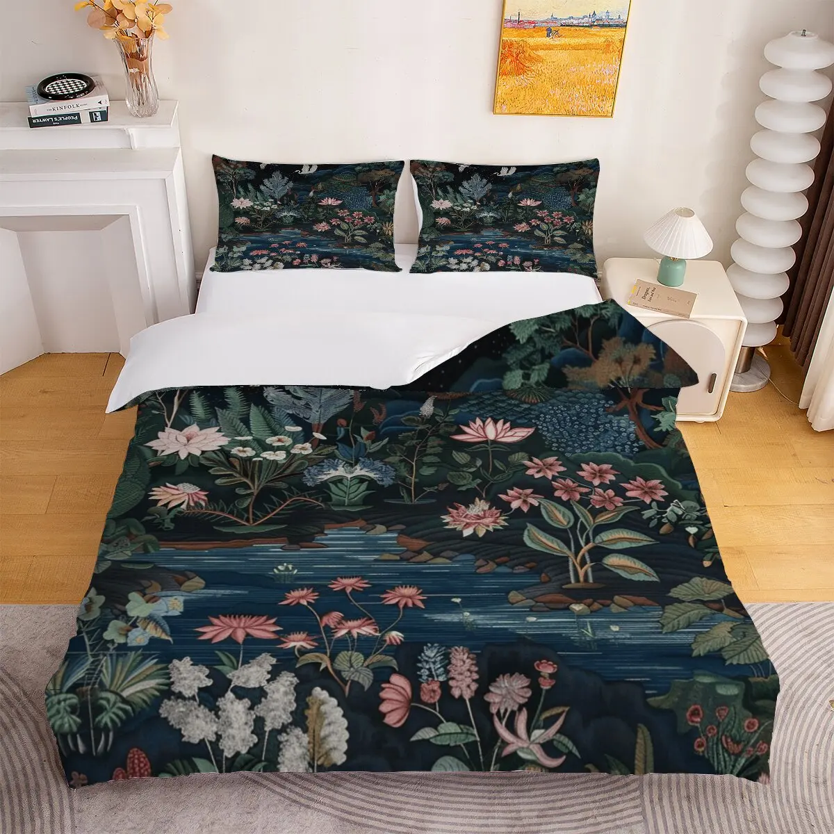 Egret flight  Duvet size  floral pattern  Printed duvet cover 3-piece set with 2 pillowcases