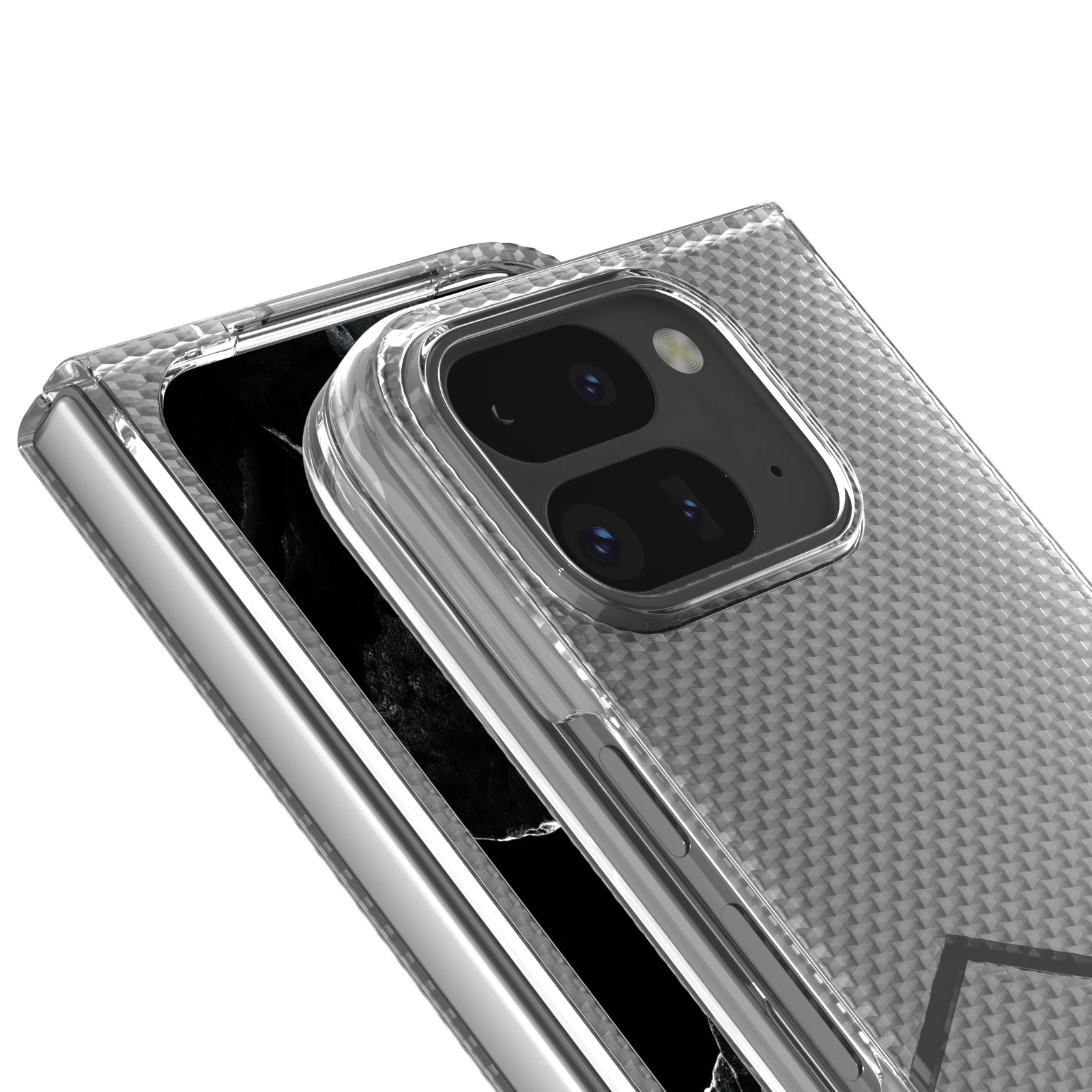 세련된 웨이브 질감 반투명 투명 견고한 케이스, Google Pixel 9 Pro 폴드, 충격 방지 매트 접이식 보호 커버