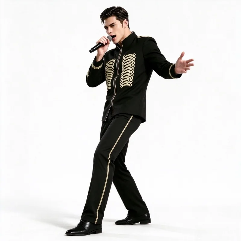 Men's European Style Stand Collar Zipper Blazer Golden Rope Detail Cosplay Middle Ages Tuxedo for Stage Performances And Parties