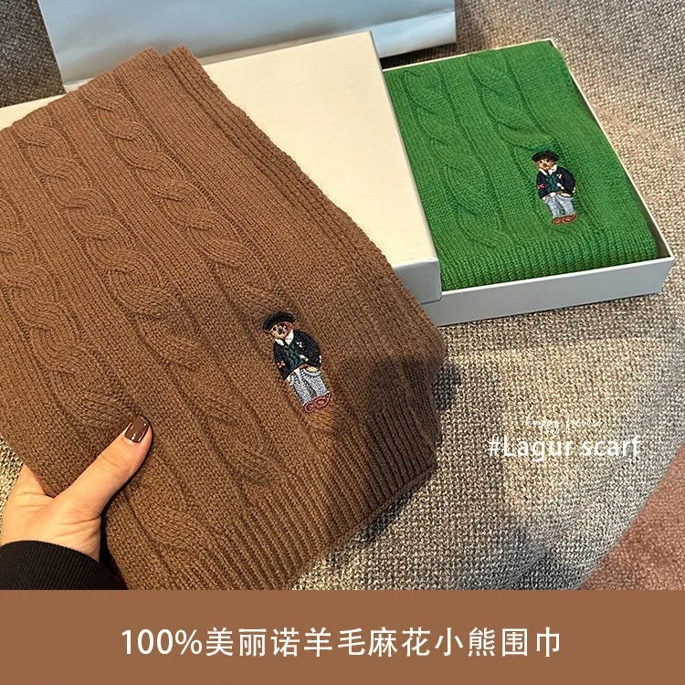 

100% Merino wool! Classic Fried Dough Twists British Vintage Scarf for Men and Women Winter Twisted Embroidery Bears Scarf