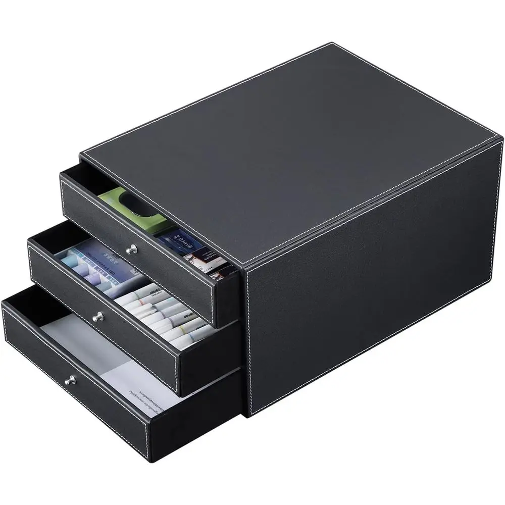 

3-Layer Wooden Desk File Holder Organizer with Leather Look, Black Style B