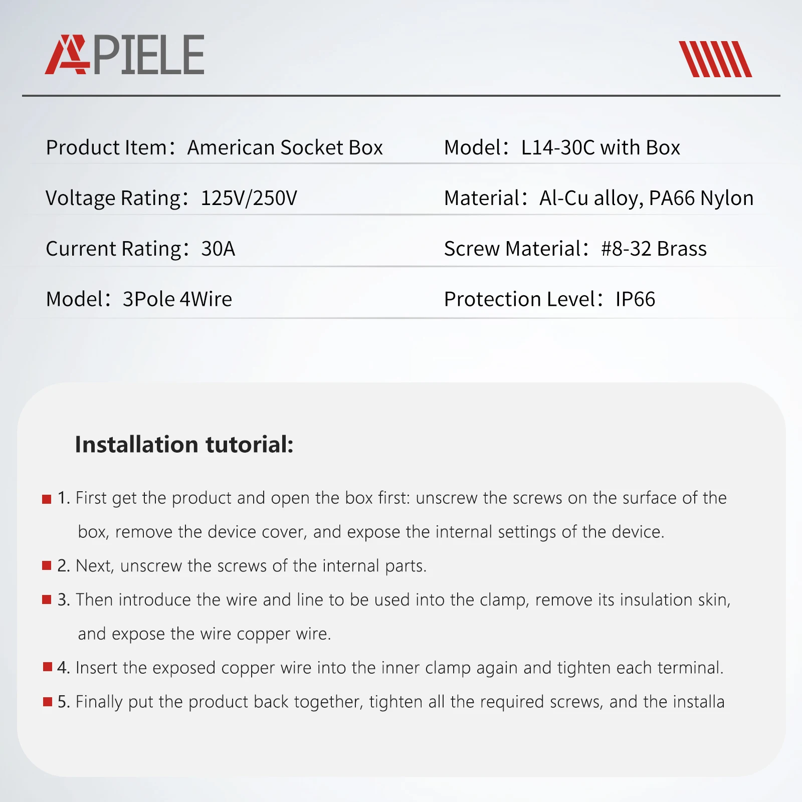 APIELE US/American 30Amp,125/250 Volt Nema L14-30C Box Generator Female Connector Outdoor dustproof and Weatherproof.ETL Listed.