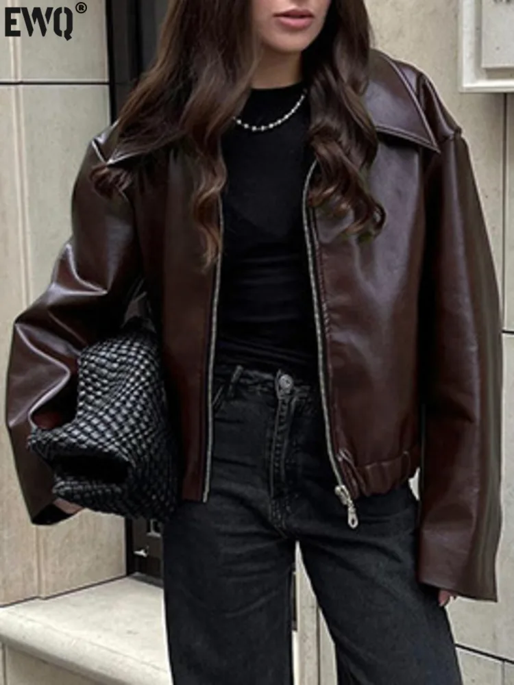 [EWQ] American Fashion Long Sleeve Biker PU Leather Jacket All-match Casual Women Winter Zipper Coat 2024 Autumn New 16O2585