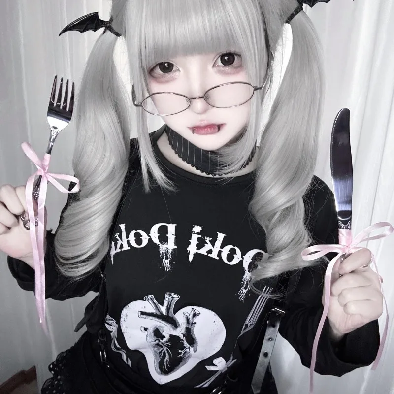 Kimotimo Japanese Vintage Punk Print Long Sleeve T-shirt Women Autumn New O Neck Loose Tops Harajuku Y2k Aesthetic Gothic Tees